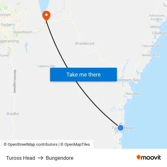 Tuross Head to Bungendore map