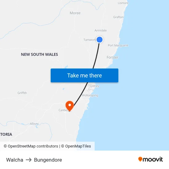 Walcha to Bungendore map