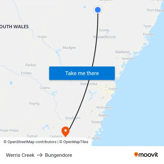 Werris Creek to Bungendore map