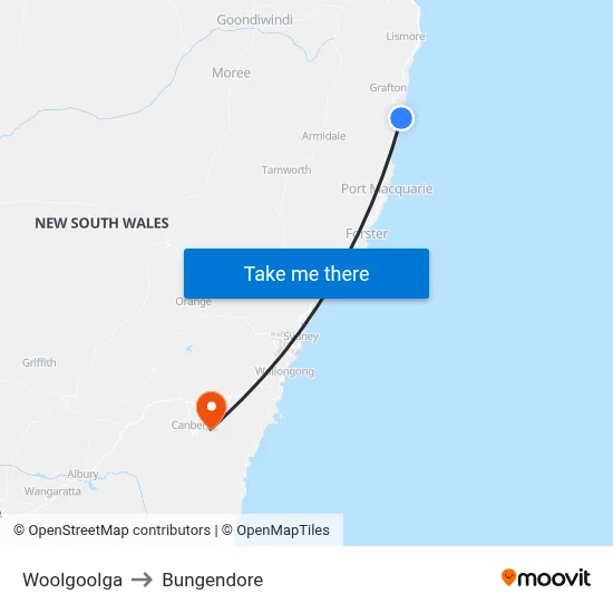 Woolgoolga to Bungendore map