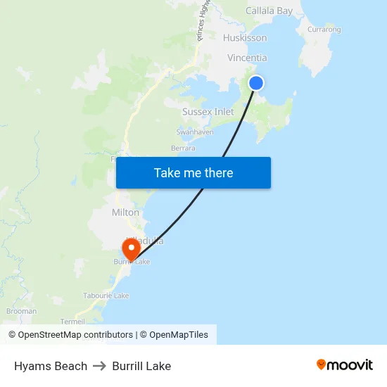 Hyams Beach to Burrill Lake map