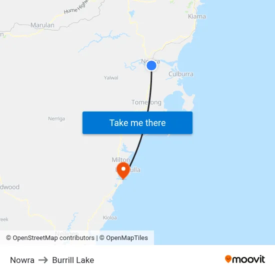 Nowra to Burrill Lake map