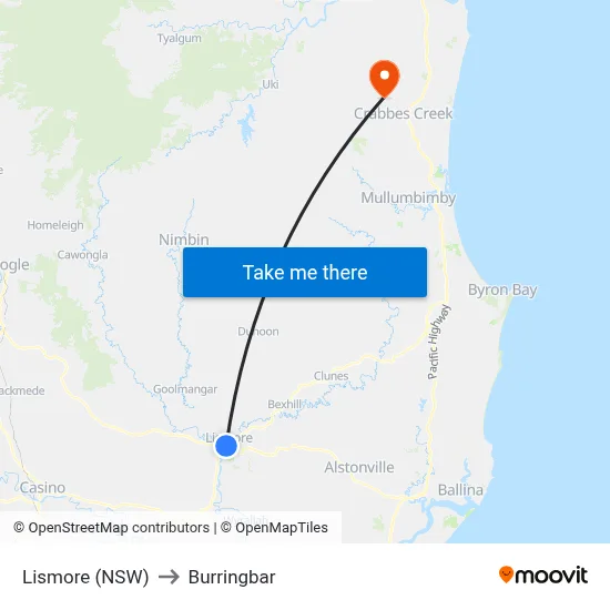 Lismore (NSW) to Burringbar map