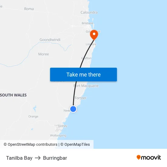 Tanilba Bay to Burringbar map