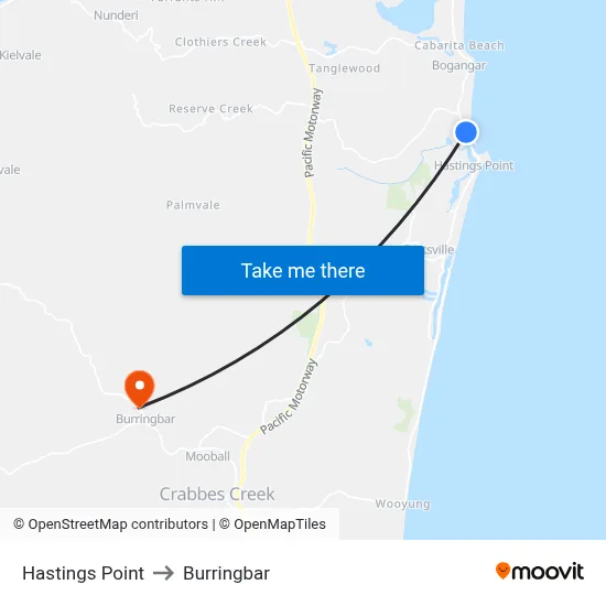 Hastings Point to Burringbar map