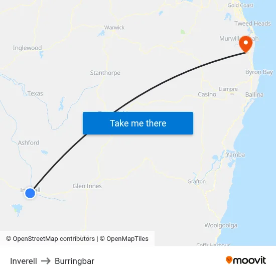 Inverell to Burringbar map
