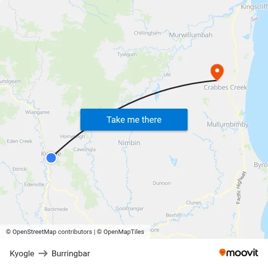 Kyogle to Burringbar map