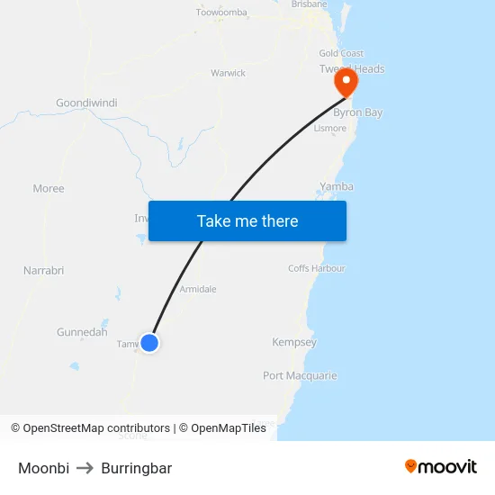 Moonbi to Burringbar map