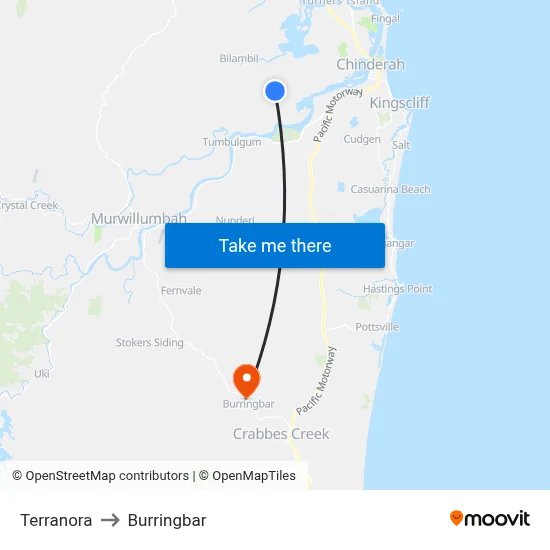 Terranora to Burringbar map