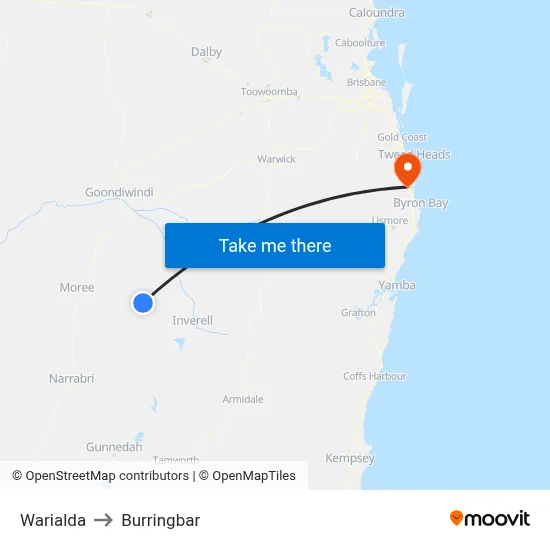 Warialda to Burringbar map