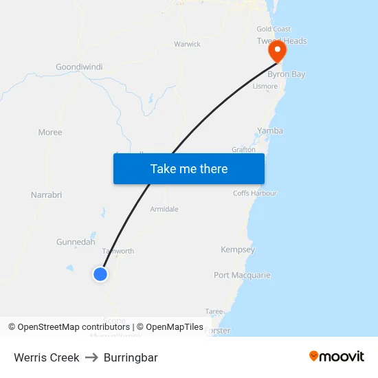 Werris Creek to Burringbar map