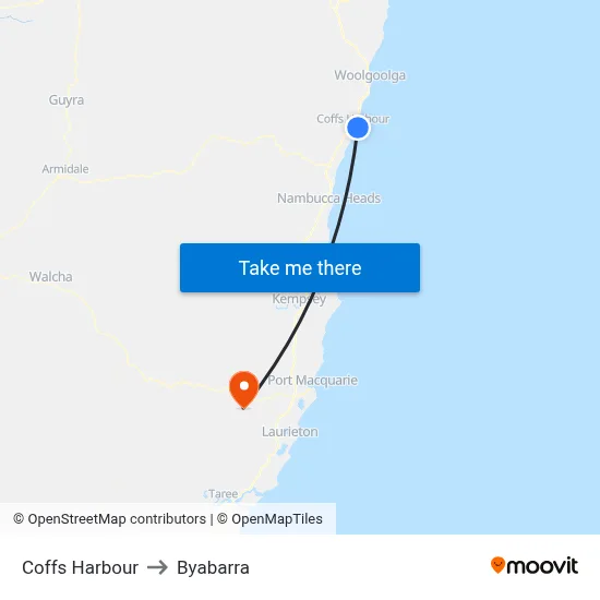 Coffs Harbour to Byabarra map