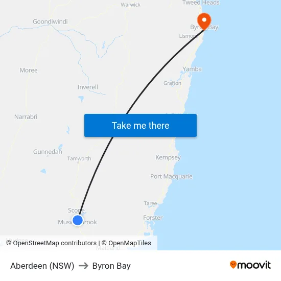 Aberdeen (NSW) to Byron Bay map
