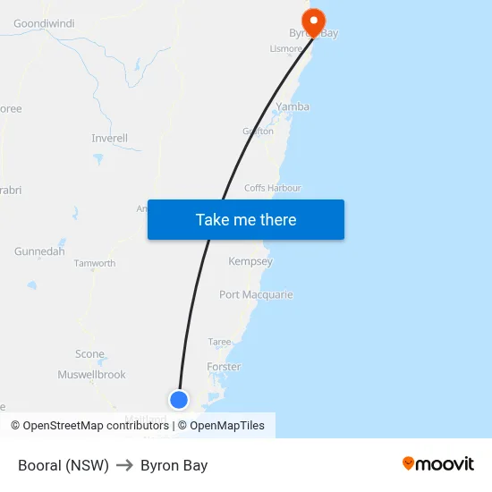 Booral (NSW) to Byron Bay map