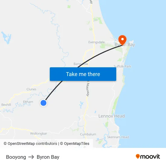 Booyong to Byron Bay map