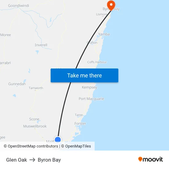 Glen Oak to Byron Bay map