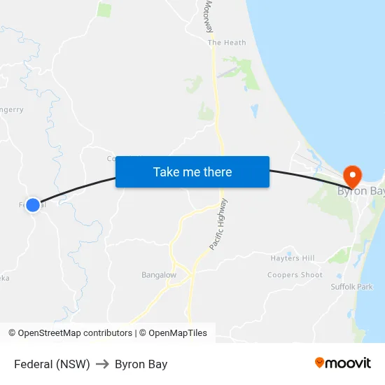 Federal (NSW) to Byron Bay map