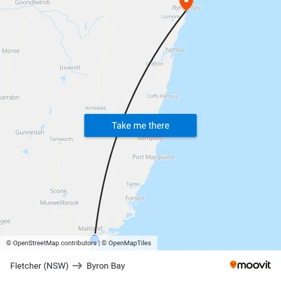 Fletcher (NSW) to Byron Bay map