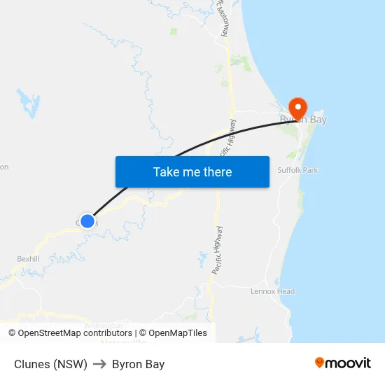 Clunes (NSW) to Byron Bay map