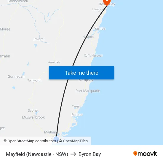 Mayfield (Newcastle - NSW) to Byron Bay map