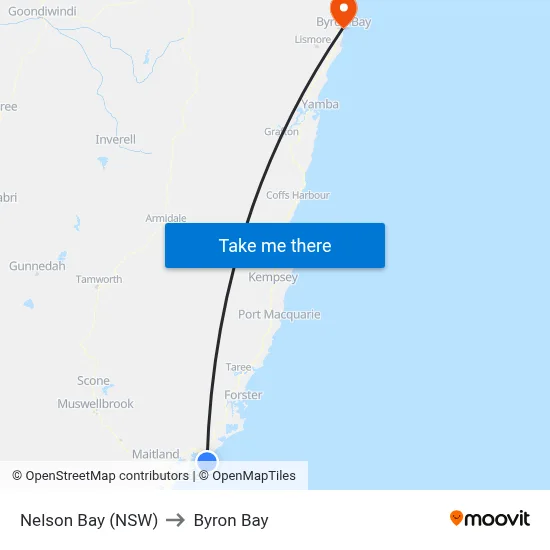 Nelson Bay (NSW) to Byron Bay map