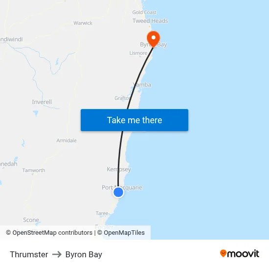 Thrumster to Byron Bay map