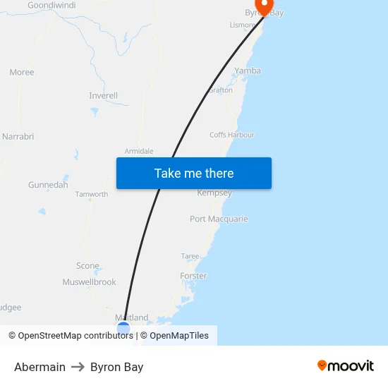 Abermain to Byron Bay map