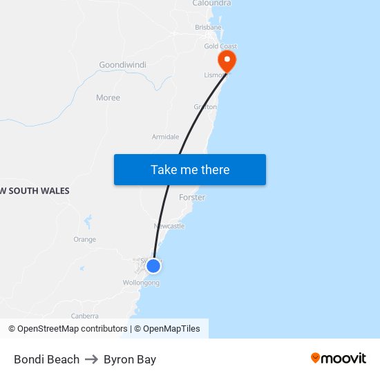 Bondi Beach to Byron Bay map