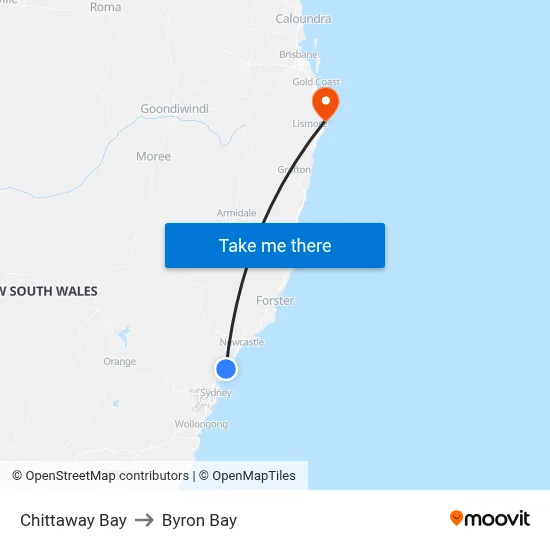 Chittaway Bay to Byron Bay map