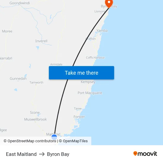 East Maitland to Byron Bay map