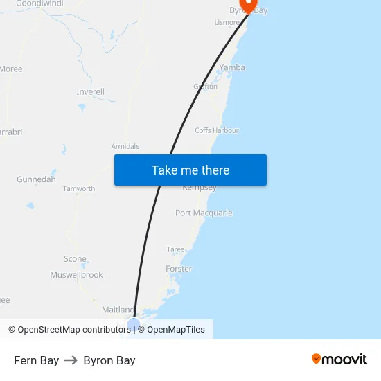 Fern Bay to Byron Bay map