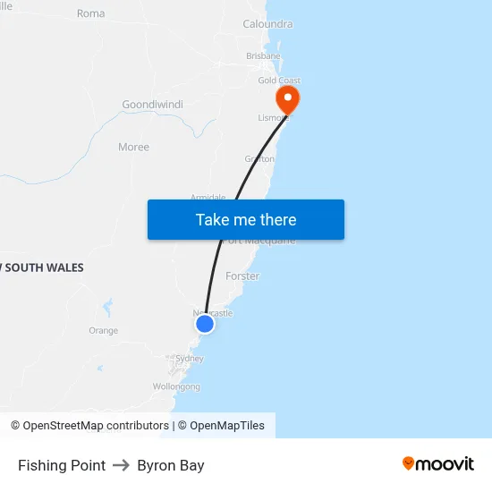 Fishing Point to Byron Bay map