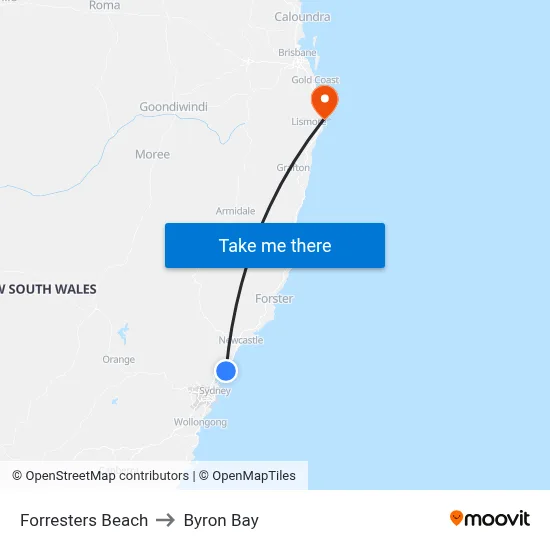 Forresters Beach to Byron Bay map