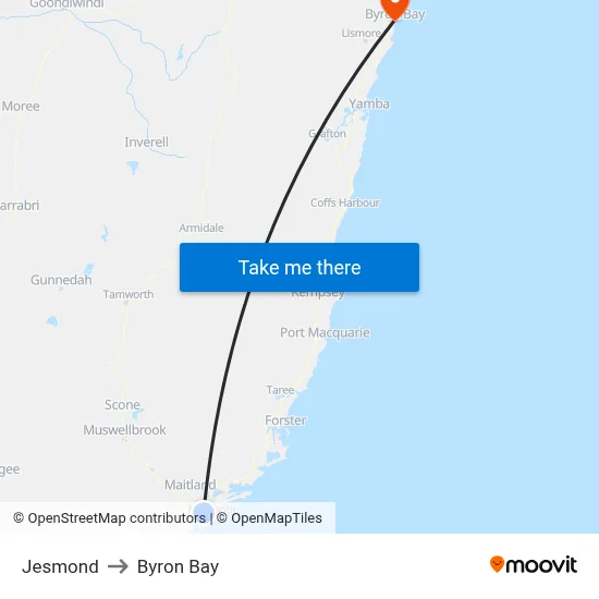Jesmond to Byron Bay map