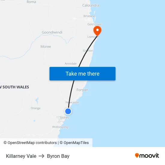 Killarney Vale to Byron Bay map