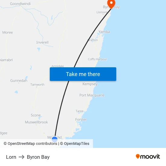 Lorn to Byron Bay map