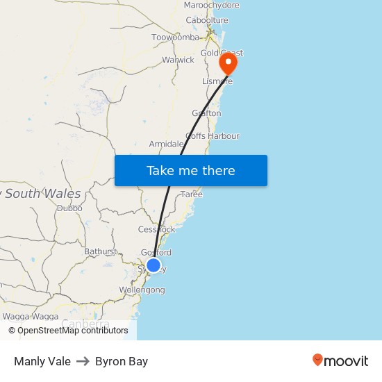 Manly Vale to Byron Bay map