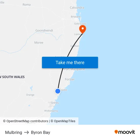 Mulbring to Byron Bay map