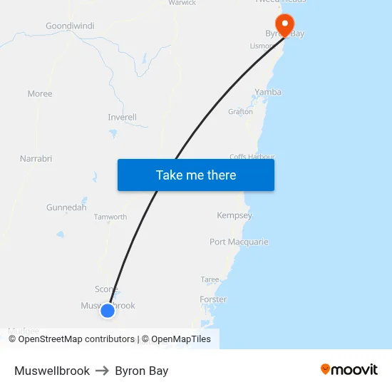 Muswellbrook to Byron Bay map
