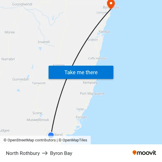 North Rothbury to Byron Bay map