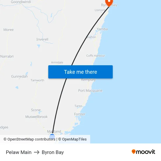 Pelaw Main to Byron Bay map