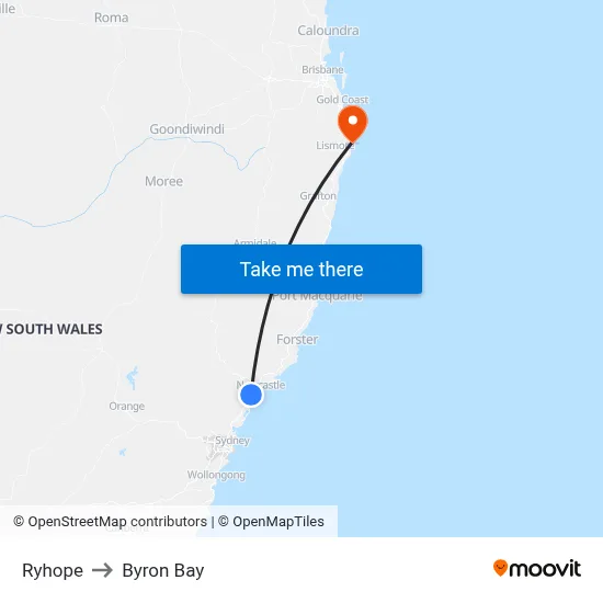 Ryhope to Byron Bay map