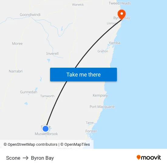 Scone to Byron Bay map