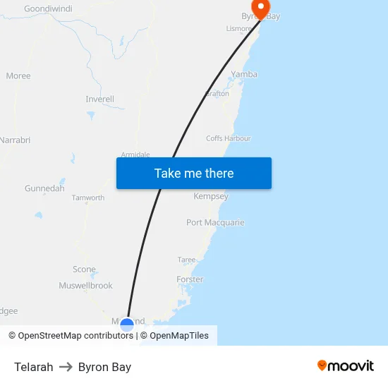 Telarah to Byron Bay map