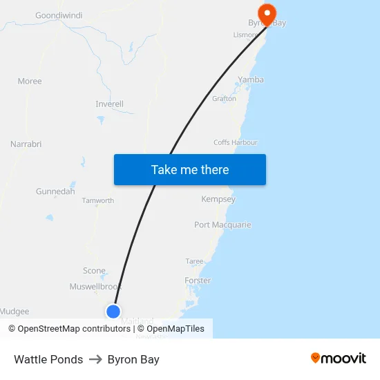 Wattle Ponds to Byron Bay map
