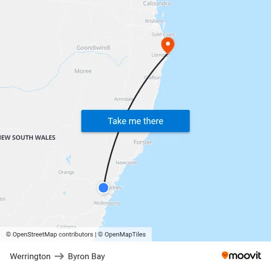 Werrington to Byron Bay map
