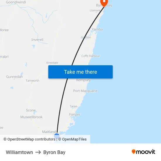 Williamtown to Byron Bay map