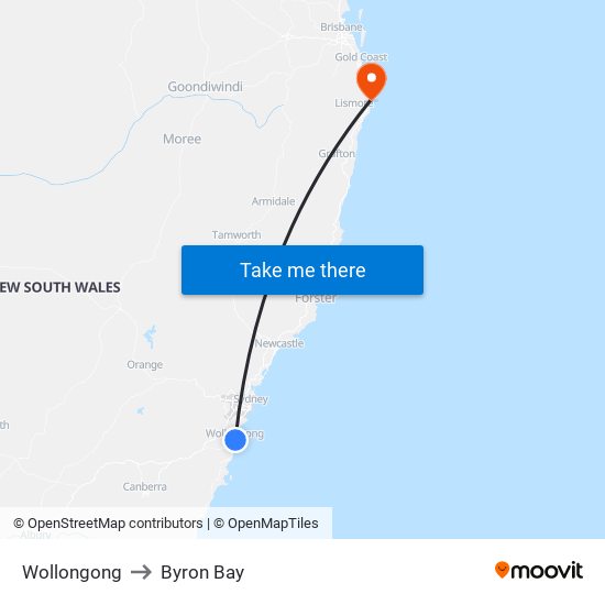Wollongong to Byron Bay map