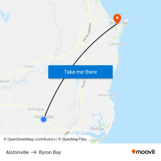 Alstonville to Byron Bay map