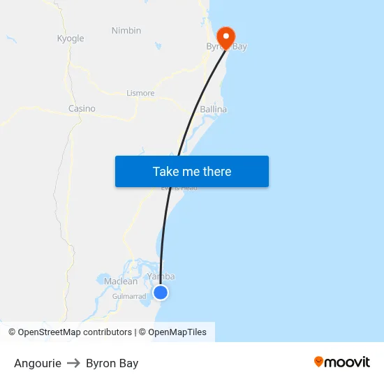 Angourie to Byron Bay map